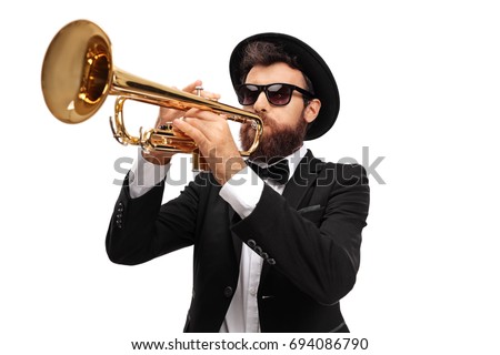 Musician playing a trumpet isolated on white background