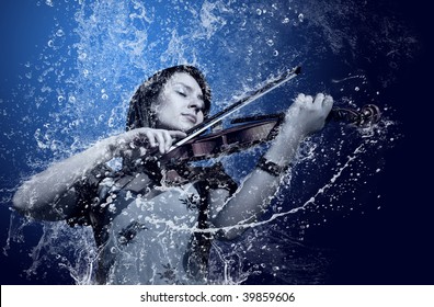 Musician playing violin under water