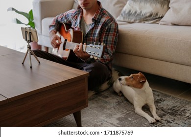 Musician practicing acoustic guitar exercises, taking online musical courses, reading notes from phone on tripod & a pet friend listening his music. Jack Russell Terrier puppy. Background, close up.