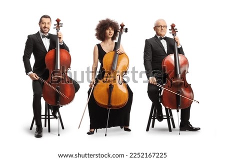 Musicians with cellos seated on chairs isolated on white background