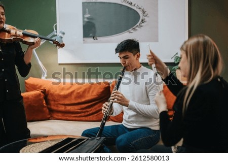 Musicians are collaborating with various instruments including clarinet and violin, creating harmony.