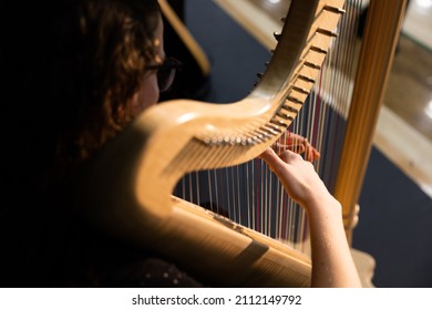 A musician's hands dance across the strings of a harp and play beautiful music.
