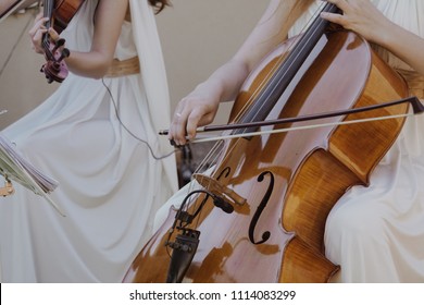 Musicians Violinist Band Playing At Violin And Contrabass At A Romantic Event. Girls In White Dresses Playing Live At A Wedding. Copy Space. 