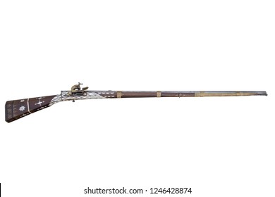 Musket Decorated With Bone And Brass. Old Flintlock Rifle.