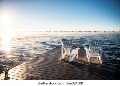 Muskoka Chairs At Sunrise On Georgian Bay