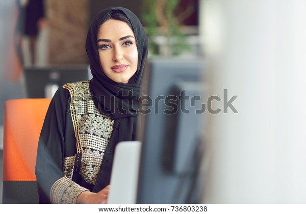 Muslim Asian Woman Working Office Laptop Stock Photo (Edit Now) 736803238