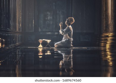 Muslim Boy Having Worship And Praying For Fasting And Eid Of Islamic Culture In Mosque