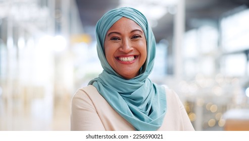 Muslim, business woman and success with face, executive and happy with career, vision with Islamic company. Professional portrait, employee in hijab and leader with corporate motivation and mindset - Powered by Shutterstock