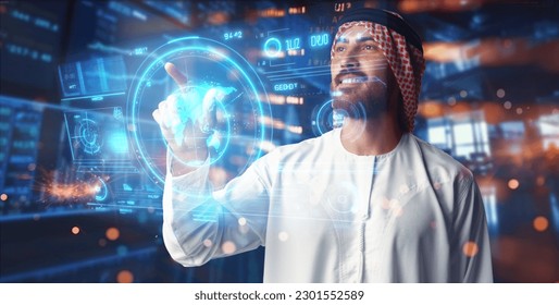 Muslim businessman working with floating data visualization screen - Powered by Shutterstock