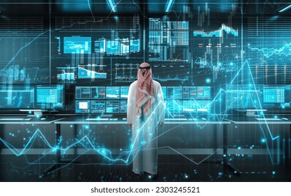 Muslim businessman working with floating data visualization screen - Powered by Shutterstock