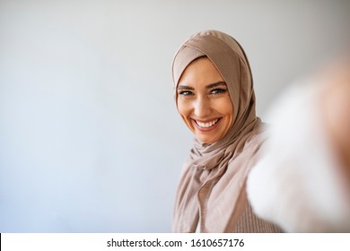 Muslim Caucasian Woman Taking Selfie Happy Stock Photo 1610657176 ...