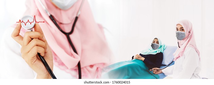 Muslim Female Doctor Wearing A Mask, Wearing A Beautiful Hijab, Taking Care Of A Muslim Woman's Patient, Wearing A Mask, Lying On A Bed, Recovering From A Coronavirus Infection Covid-19 In Hospital