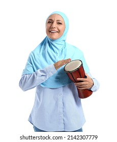 Muslim Music Teacher With Drum On White Background