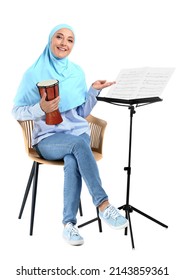 Muslim Music Teacher With Drum On White Background