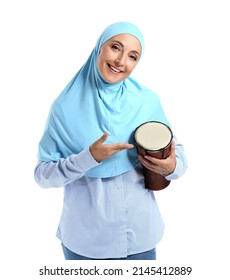 Muslim Music Teacher With Drum On White Background