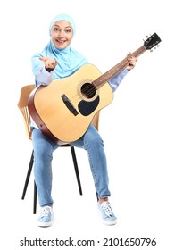 Muslim Music Teacher With Guitar On White Background