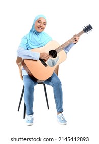 Muslim Music Teacher With Guitar On White Background