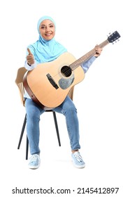 Muslim Music Teacher With Guitar On White Background