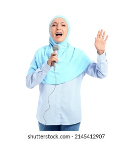 Muslim Music Teacher With Microphone On White Background