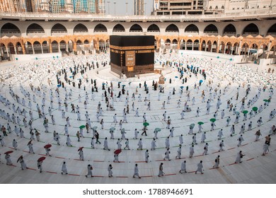 Muslim Pilgrims In Al Haram Mosque Makkah Performing Tawaf , Hajj Season At The Time Of The Corona Covid 19 , Covid 19 Precautionary Measures.Saudi Arabia Makkah At Aug 2020