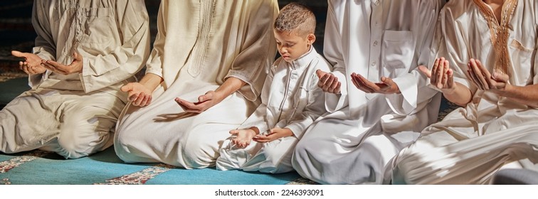 Muslim pray, child or men learning to worship Allah in holy temple or mosque with gratitude as a family. Islamic, education or people in praying with boy or kid for Gods teaching, spiritual peace