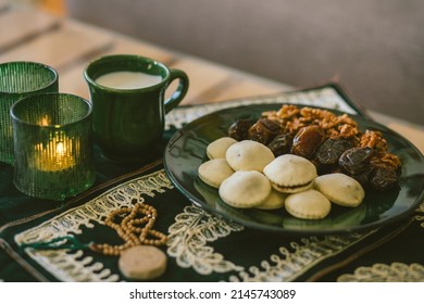 Muslim Ramadan Festive,iranian Milk,sweets,walnuts,and Green Candles,month Fasting Culture Prayer For God, Ramadan Festival Concept,Iftar Or Suhoor Served In Ramadan,Eid Mubarak Greeting That Means Bl