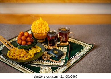 Muslim Ramadan Festive,iranian Milk,sweets,walnuts,and Green Candles,month Fasting Culture Prayer For God, Ramadan Festival Concept,Iftar Or Suhoor Served In Ramadan,Eid Mubarak Greeting.