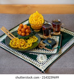 Muslim Ramadan Kareem Festive,iranian Tea And Sweets, Zoolbia  Bamieh,Holy Quran,month Fasting Culture Muslim And Prayer For God, Ramadan Festival Concept,Iftar Or Suhoor Served In Ramadan