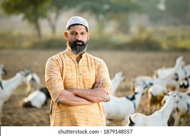 Muslim Shepherd Man With Herd Of Goat On Field