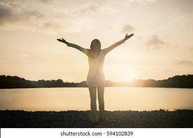 Muslim Stocker Woman Self Victory Cancer Wellbeing On Nature Background. Celebrating Love God On Mountain Happy Health Free Relaxed Passion Concept Feeling Freedom Financial Life, Peace Bible Inspire.