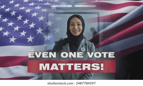 Muslim US woman with badge smiles and looks at camera after voting. 3D visual effect of waving American flag. Social advertising about presidential election in the United States of America. Civic duty - Powered by Shutterstock