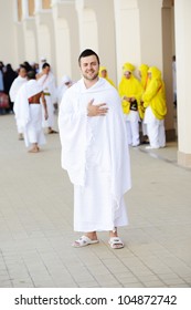 Muslim Wearing Ihram Clothes And Ready For Hajj