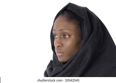 Muslim Woman With Black Veil In White Background