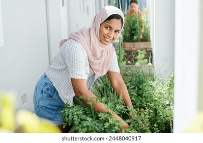 Muslim woman, plant and leaf with portrait for garden, sustainable development and faith or medicine. Gardener, flowers and texture outdoor with hijab for growth, islam culture and spiritual herbs - Powered by Shutterstock