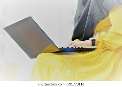 Muslim Woman Working With Computer For Send Mail To Company