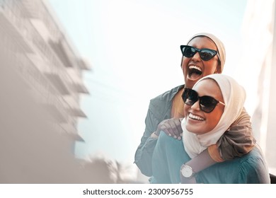 Muslim women, friends and piggyback in city with mockup space, travel and comic adventure together. Islamic woman, happiness and walking in metro cbd with funny game, sunglasses and bond on journey