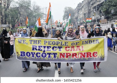 Muslim Women Hold Poster And Shout Slogan During A Rally To Protest Against Citizenship Amendment Act Or CAA 2019 On February 08,2020 In Calcutta, India.