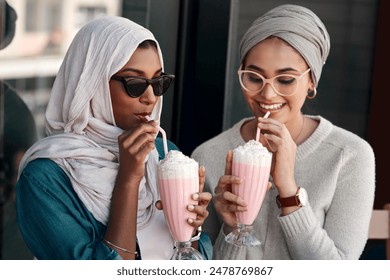 Muslim women, milkshake and people for cafe date with bonding together, happy reunion and support. Islamic friends, smile and relax in outdoor restaurant with dessert drinks, relationship and care - Powered by Shutterstock