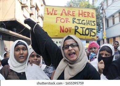 Muslim Women Shout Slogan During A Rally To Protest Against Citizenship Amendment Act Or CAA 2019 On January 21,2020 In Calcutta, India.