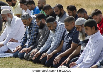 Muslims praying in Hyde Park, after protesting against Islamophobia and racial incitement, London, UK, 21 May 2016