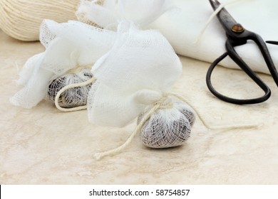 Muslin Bag Filled With Herbs For Tea Or Spices For A Garni Bag.