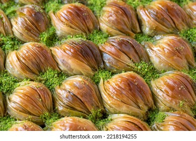 Mussel Baklava With Pistachio. Traditional Turkish Cuisine Delicacies. Close Up