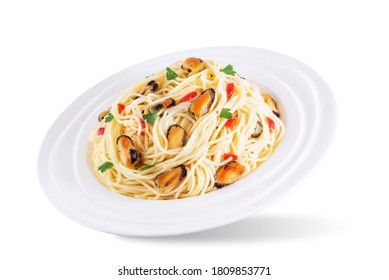 Mussel Pasta With Pepper And Parsley On A White Isolated Background. Toning. Selective Focus