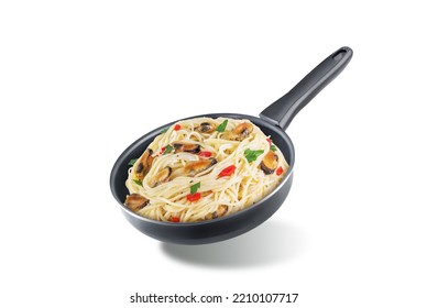 Mussel Pasta With Pepper And Parsley On A White Isolated Background. Toning. Selective Focus