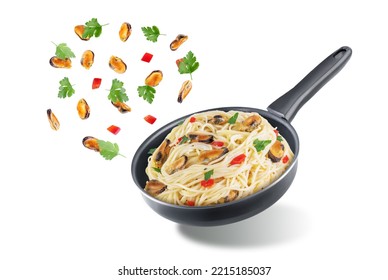 Mussel Pasta With Pepper And Parsley On A White Isolated Background. Toning. Selective Focus