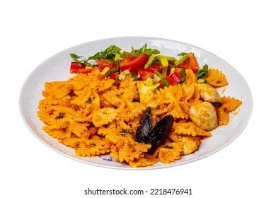 Mussel Pasta With Vegetable, Pepper And Parsley On A Plate Isolated On A White Background. Clipping Path. Macro. Healthy Food.