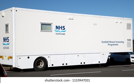 Musselburgh, East Lothian, Scotland August 9th 2018: A Mobile NHS Breast Screening Unit Located At The Carpark Of A Well Know Supermarket Chain.