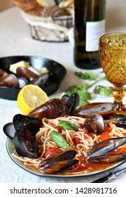 Mussels Marinara Pasta Spaghetti With  Tomato Sauce. Sea Food Meal. Typical Dish Of Italian Pasta.