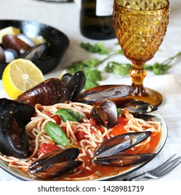 Mussels Marinara Pasta Spaghetti With  Tomato Sauce. Sea Food Meal. Typical Dish Of Italian Pasta.