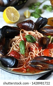 Mussels Marinara Pasta Spaghetti With  Tomato Sauce. Sea Food Meal. Typical Dish Of Italian Pasta.